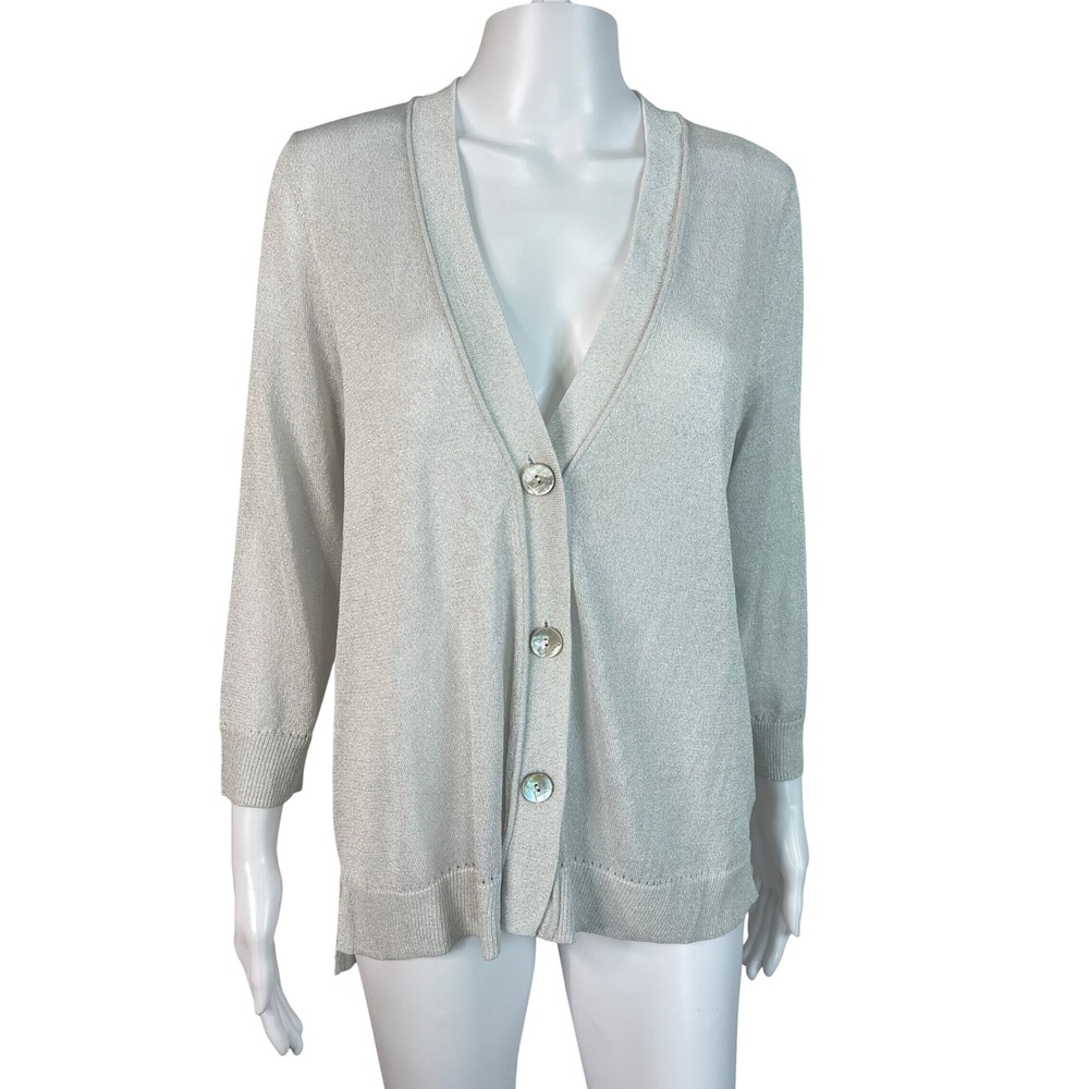 Chicos Silver Metallic Shimmer Cardigan Sweater V-Neck Dressy Chicos 1 Size M